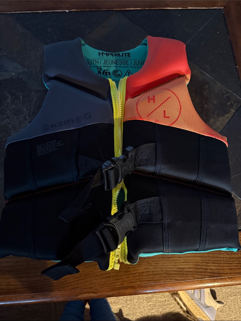Youth Neoprene Life Vest - Black with Coral Accent